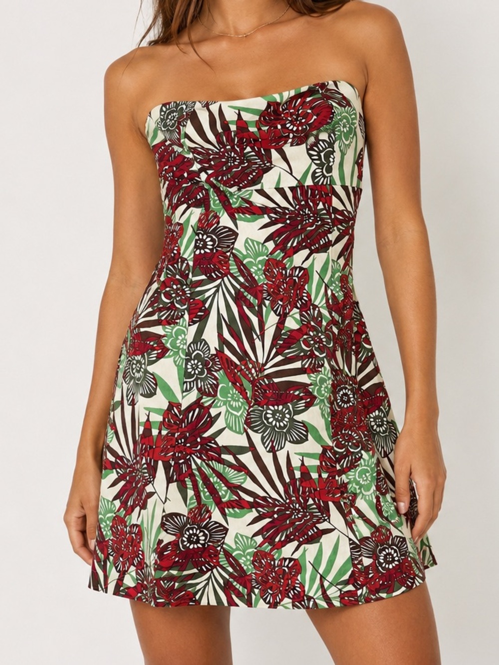 Gap Y2K Strapless Tropical Floral Red Green A-Line Mini Dress